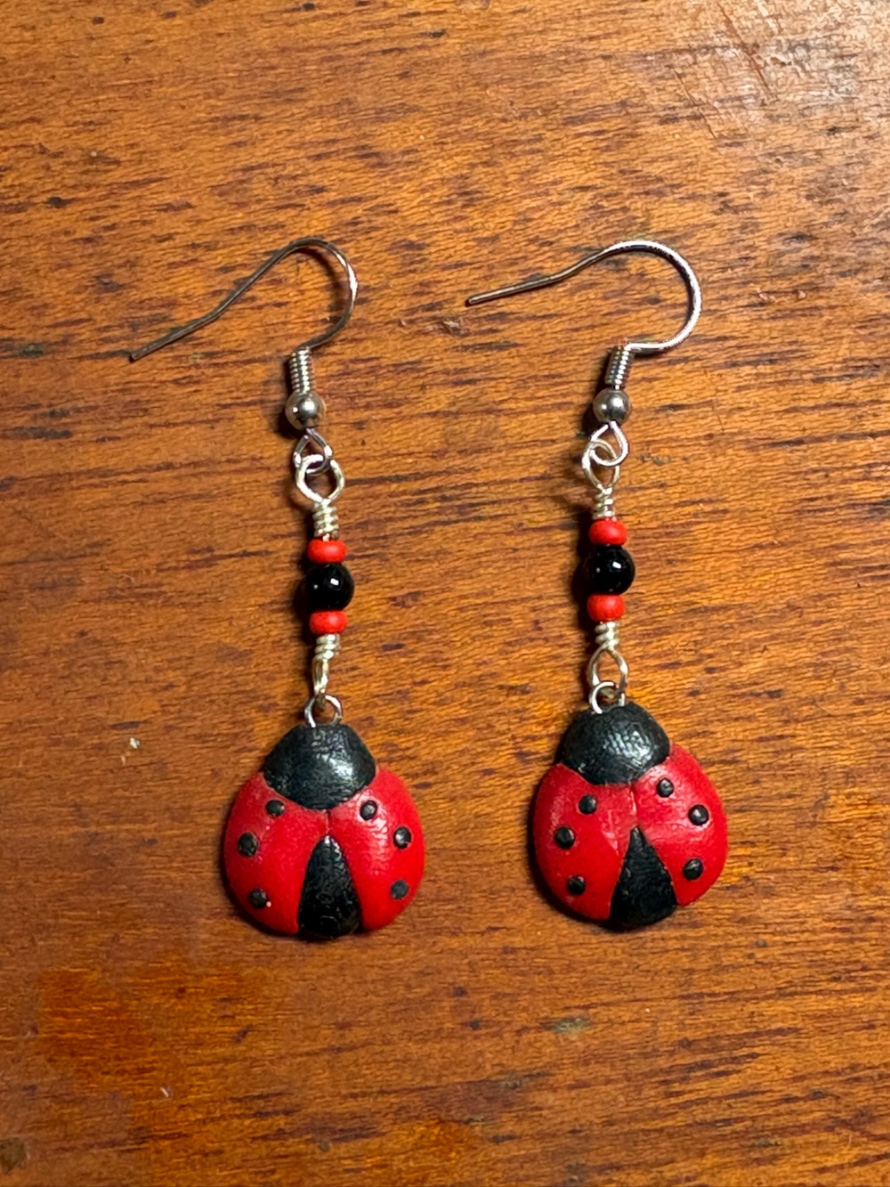 Handmade Red and Black Ladybug Dangle Earrings